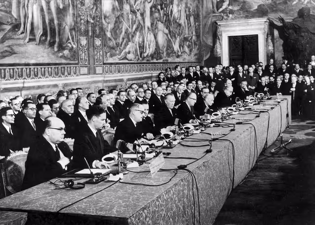 Signing of the Euratom and the European Common Market agreements  - Treaty of Rome - in the city hall of Rome, Italy, March 25, 1957.