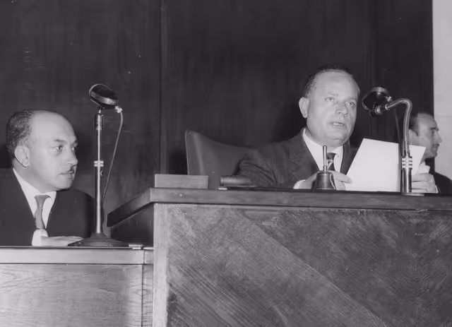 Giovanni Maria ANGIOY (R) and Eduardo BATTAGLIA during a session in Strasbourg, April 9, 1959.