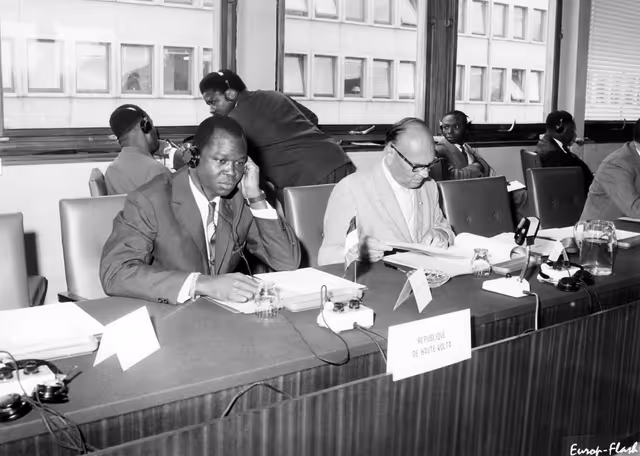 Gabriel RAZAFITRIMO (L) and Marinus VAN DER GOES VAN NATERS during a meeting of delegates from the Parliaments of the Associated African Statesand Madagascar and the EP, Strasbourg, France, June 20-21, 1963.