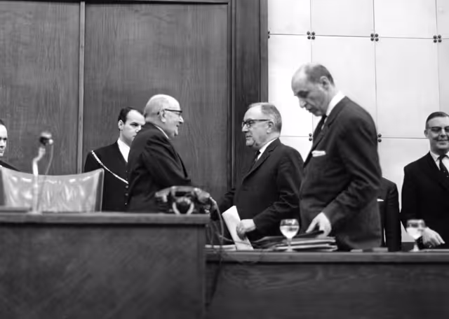 President Jean DUVIEUSART and Luciano Granzotto Basso during a plenary session in Strasbourg, March 22, 1965