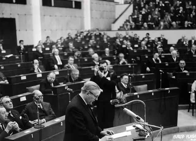 Pierre WERNER, President of the Council of the European Economic Community, speaks during a plenary session at the European Parliament in Strasbourg, France, in 1966