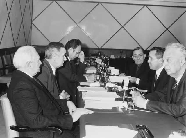 Meeting with MEPs Michel COINTAT, André COLIN, Yves ESTEVE and Hervé LAUDRIN during a session in Strasbourg, France, March 10, 1970.