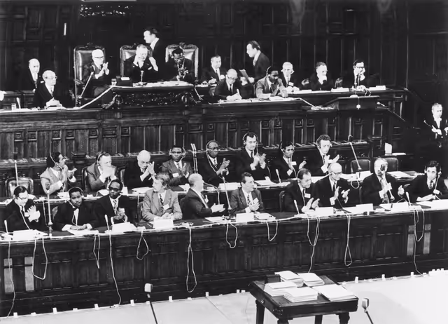 10th annual meeting of the Parliamentary Conference of the EEC-AASM Association in Rome, Italy, January 1974. Opening for sitting, with Sandro PERTINI, President of the Italian Chamber of Deputies, Cornelis BERKHOUWER, President of the Conference and President of the European Parliament and Philippe YACE, First Vice-President of the Conference and President of the National Assembly of the Ivory Coast.
