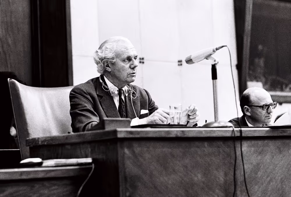 European Parliament Vice-President Frederick PONSONBY, Earl of BESSBOROUGH, during a plenary session in Strasbourg, May 10-14, 1976.