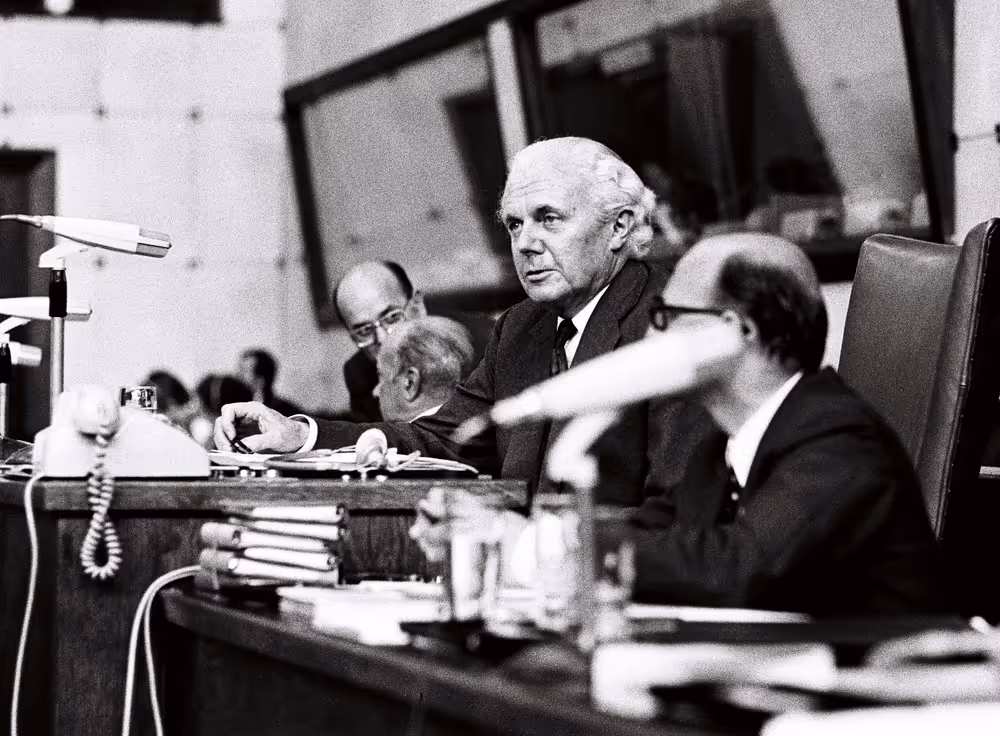 European Parliament Vice-President Frederick PONSONBY, Earl of BESSBOROUGH, during a plenary session in Strasbourg, May 10-14, 1976.