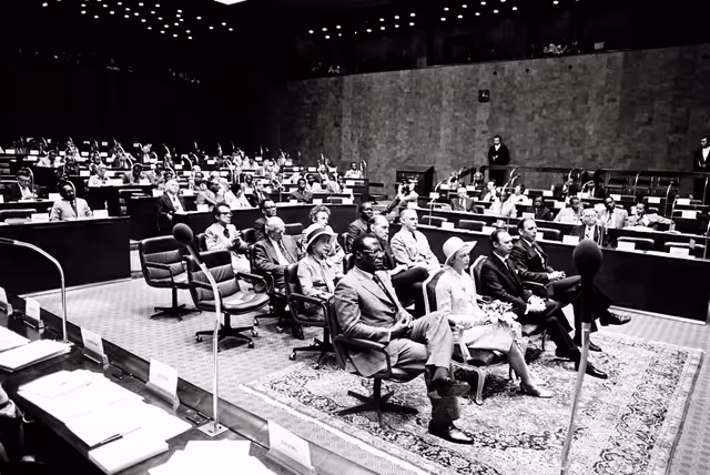 (L to R) Solomon Tandeng MUNA, Grand Duchess Josephine-Charlotte, Grand Duke Jean and Lothar KRALL during a meeting of the Consultative Assembly EEC-ACP in Luxembourg, June, 1st, 1976