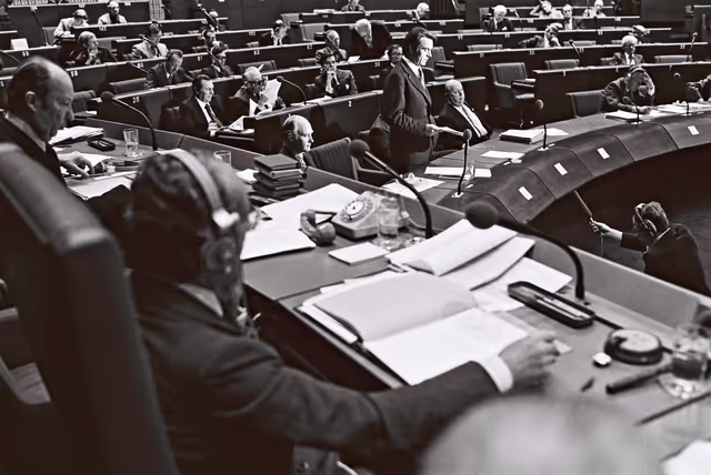 David Owen, British Foreign Secretary in Strasbourg in April 1977. United Kingdom Presidency
