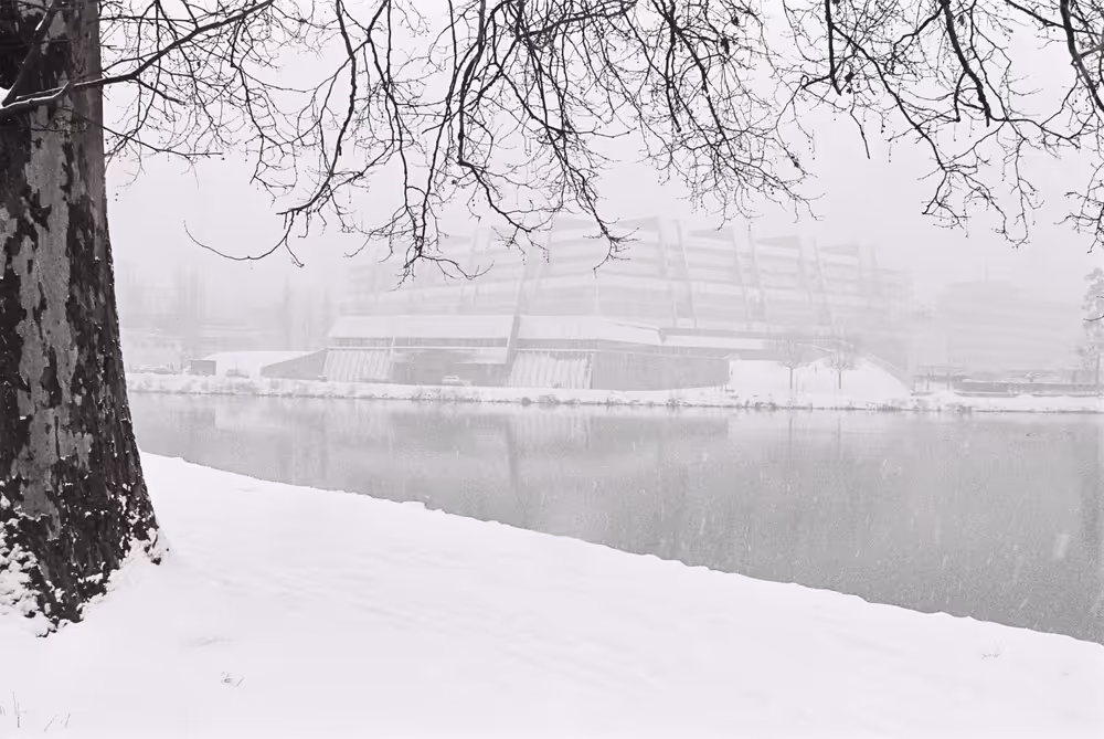 The European Parliament in Strasbourg under snow in 1978