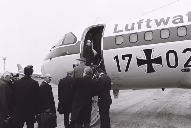 German MEPs take an aircraft in Luxembourg, April 1978.