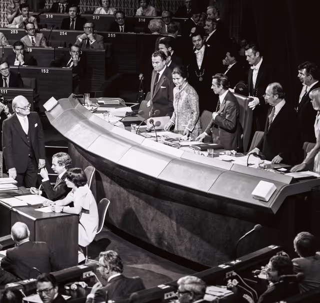 Simone VEIL chairing the first sitting of the European Parliament elected by direct universal suffrage in Strasbourg.