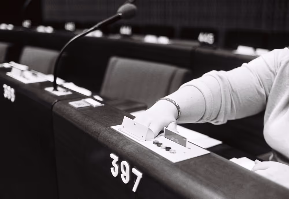 Illustration picture showing an electronic vote in the hemicycle of the European Parliament in Strasbourg in October 1979.
