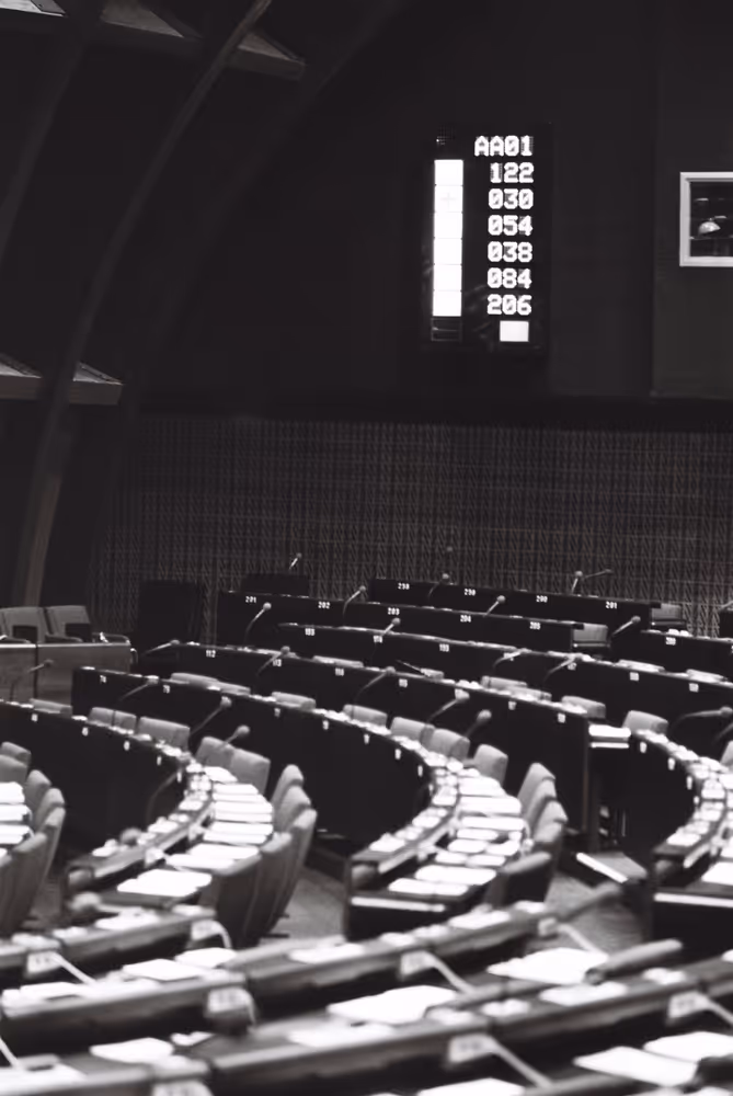A screen displays the results of a vote after a plenary session in Strasbourg in October 1979.Electronic vote
