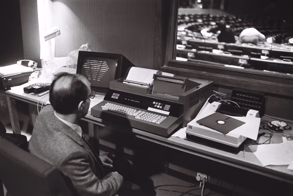A technician at work during a voting session in the hemicycle in October 1979.Electronic vote