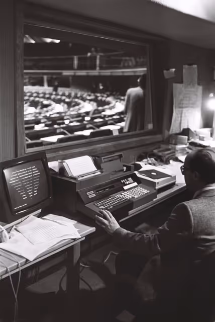 Photo 2: A technician at work during a voting session in the hemicycle in October 1979.Electronic vote