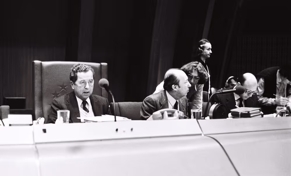 The MEP Poul MOLLER during a session in the hemicycle of Strasbourg in November 1979.