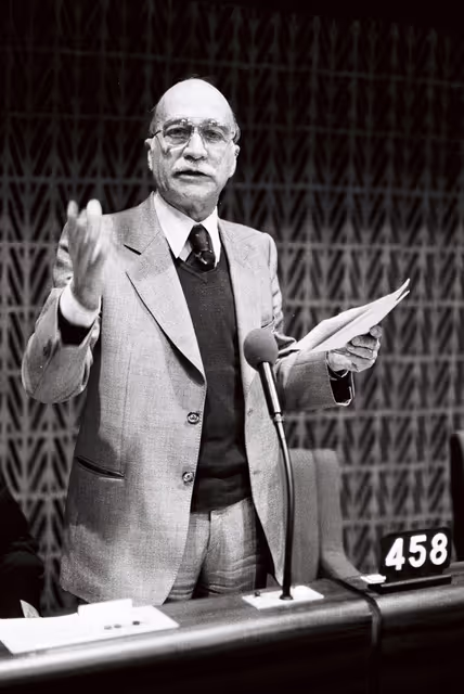 The MEP Giorgio ALMIRANTE during a session in Strasbourg on SFebruary 1980.