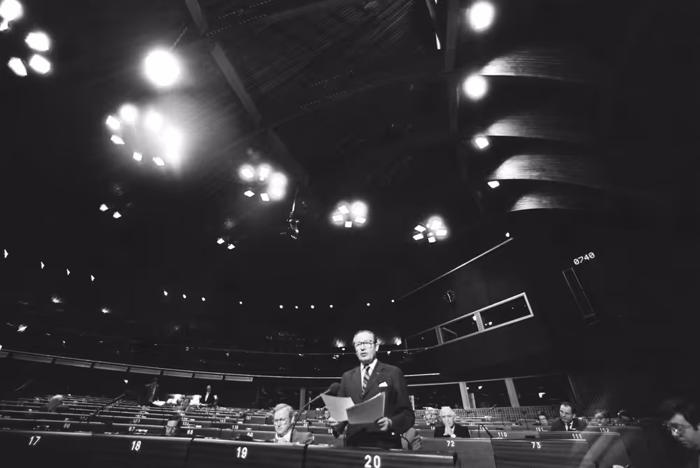 Gaston THORN - EC President during a session at the European Parliament in Strasbourg in February 1984
