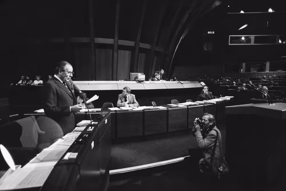 Gaston THORN - EC President during a session at the European Parliament in Strasbourg in February 1984