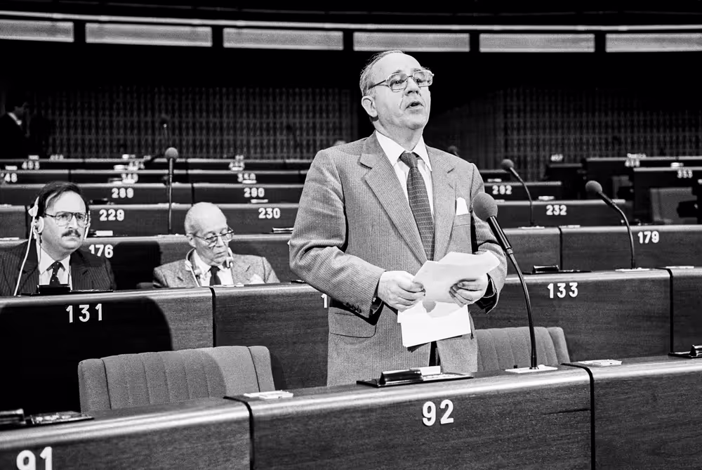 The MEP Jean SEITLINGER during a session in Strasbourg in February 1984.