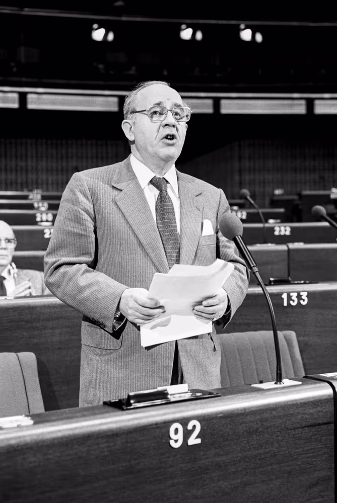 The MEP Jean SEITLINGER during a session in Strasbourg in February 1984.
