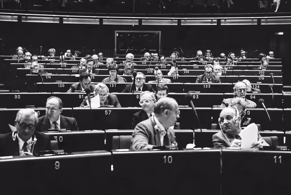 General view of a session in the hemicycle of the European Parliament of Strasbourg in February 1984.