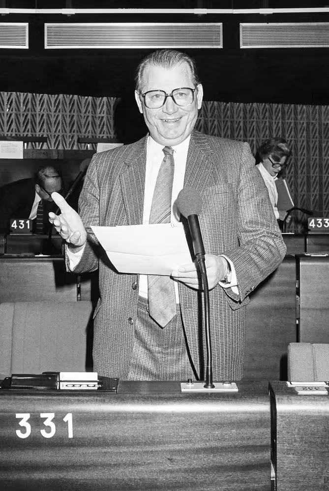 The MEP Johannes Wilhelm PETERS at the Euopean Parliament of Strasbourg in February 1984.