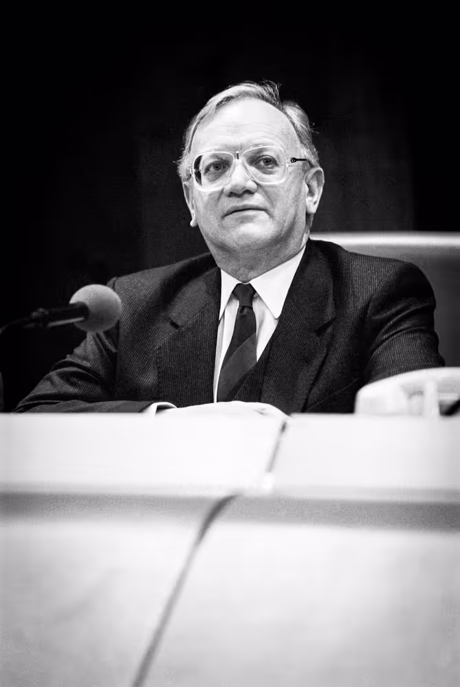 The Vice President of the European Parliament Nicolas ESTGEN during a session in Strasbourg in February 1984.