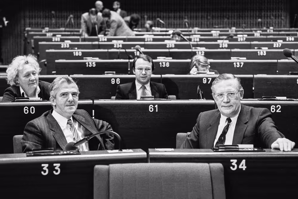 Belgian MEPs Rika DE BACKER-VAN OCKEN, Raphael CHANTERIE, Pol MARCK and Lambert CROUX at the EP in Strasbourg in February 1985.