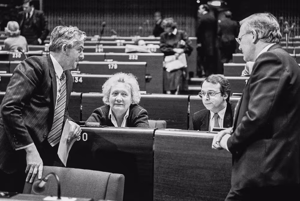 Belgian MEPs Rika DE BACKER-VAN OCKEN, Raphael CHANTERIE, Pol MARCK and Lambert CROUX at the EP in Strasbourg in February 1985.
