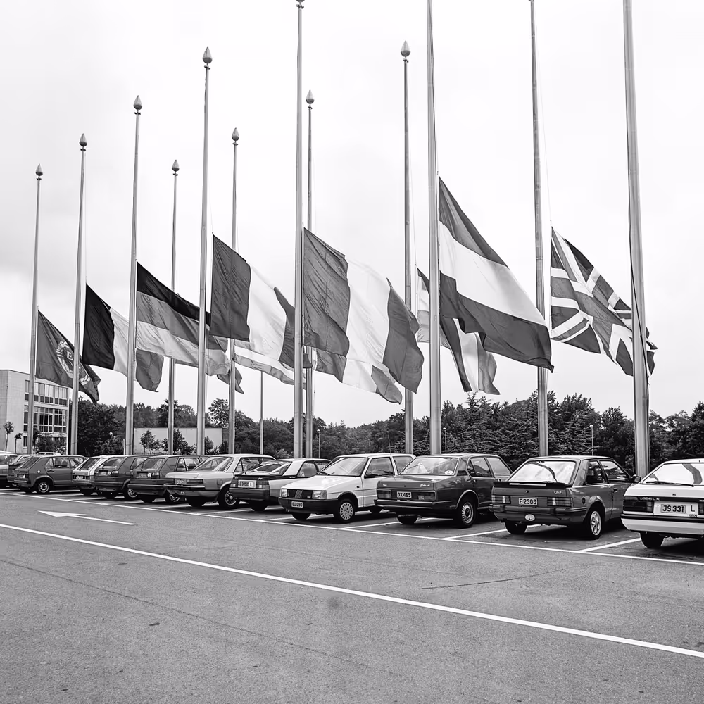 half-masted flags at the EP in Luxembourg