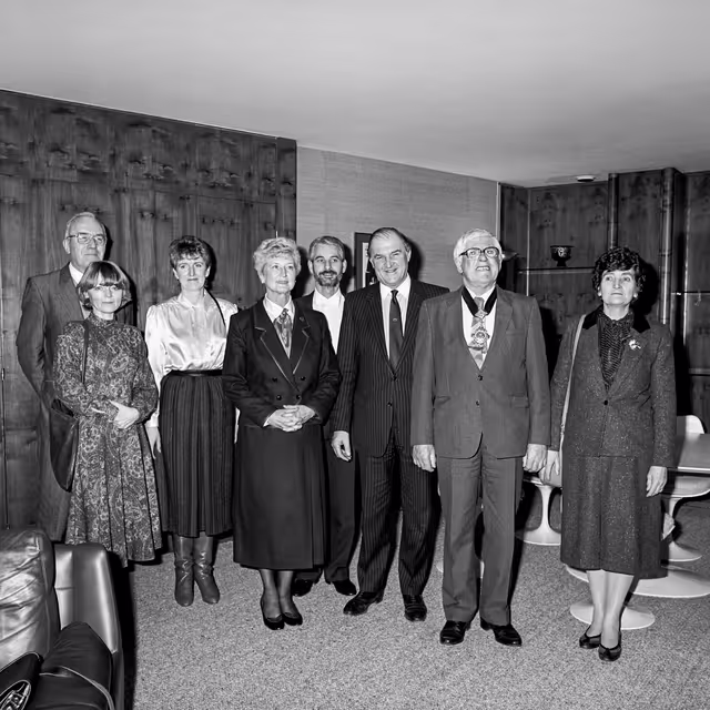 Suriet 17: Lord PLUMB - EP President meets with guests at the European Parliament in Strasbourg in February1987