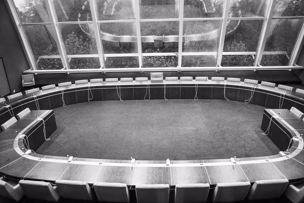 Inside and outside views of the Palais de l'Europe building in Strasbourg