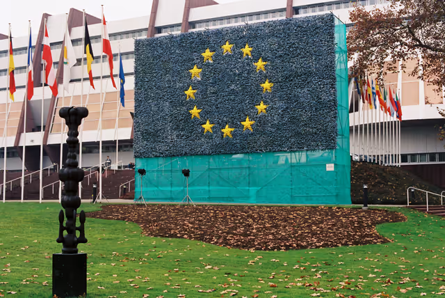 Fotografi 30: Flag of flowers in front of the EP in Strasbourg in 1988.