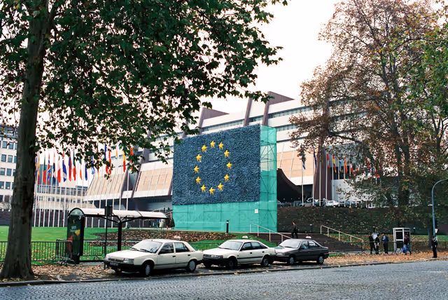 Fotografi 28: Flag of flowers in front of the EP in Strasbourg in 1988.