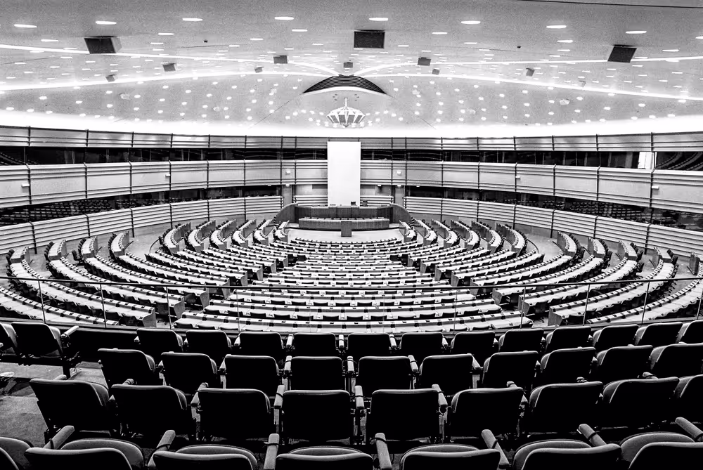 View of the empty Hemicycle at the EP in Brussels