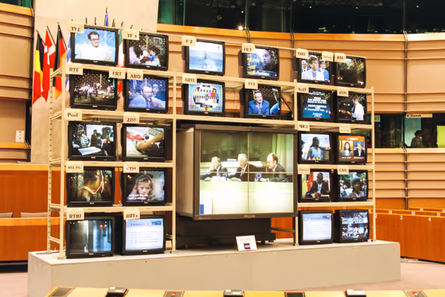Media coverage on Election night at the EP in Brussels.