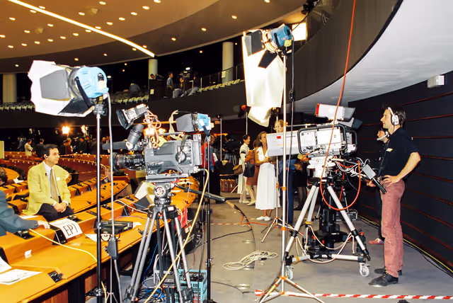 Media coverage on Election night at the EP in Brussels.
