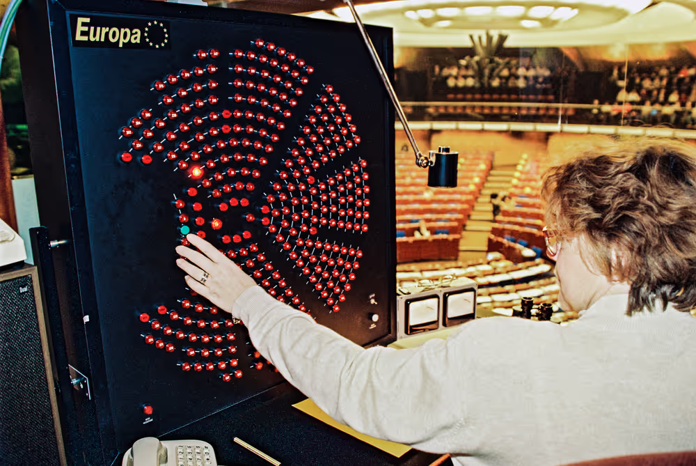 Mixing table and microphones switchboard of the Strasbourg hemicycle
