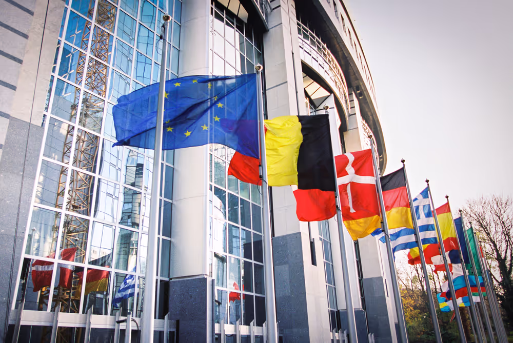 Flags waving outside the PHS building in Brussels
