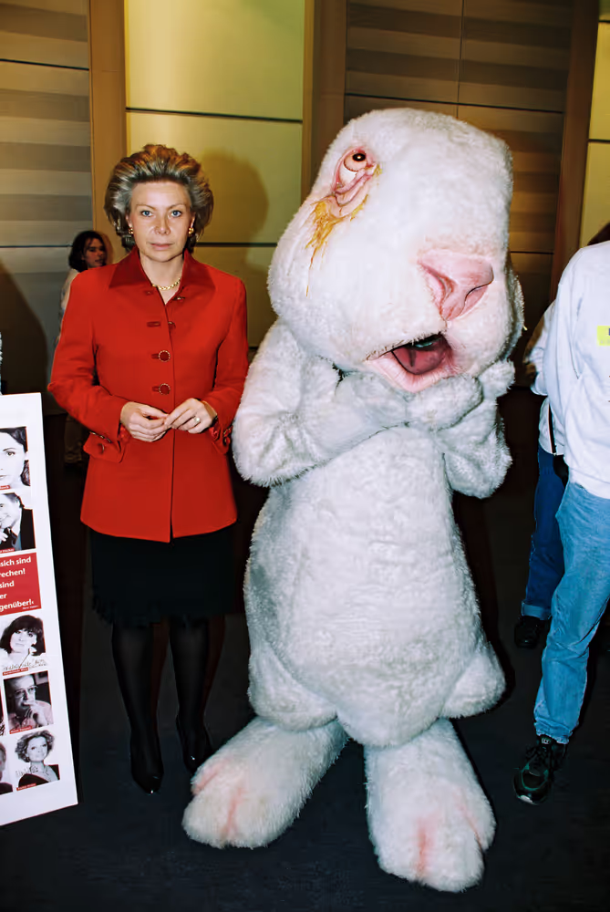 MEp Viviane REDING with a huge rabbit to protest against animal testing for beauty products