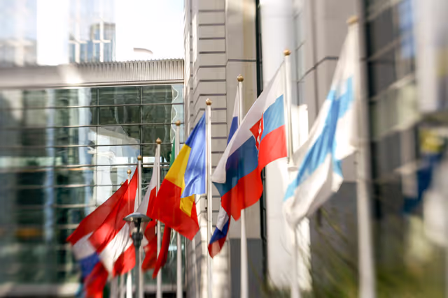 Foto 4: Various flags of some country members of the European Union floating in the wind