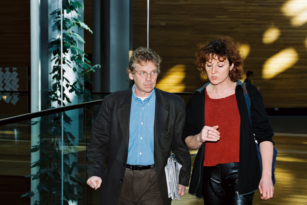 MEPs Daniel COHN-BENDIT and Helene FLAUTRE outside the hemicycle in Strasbourg