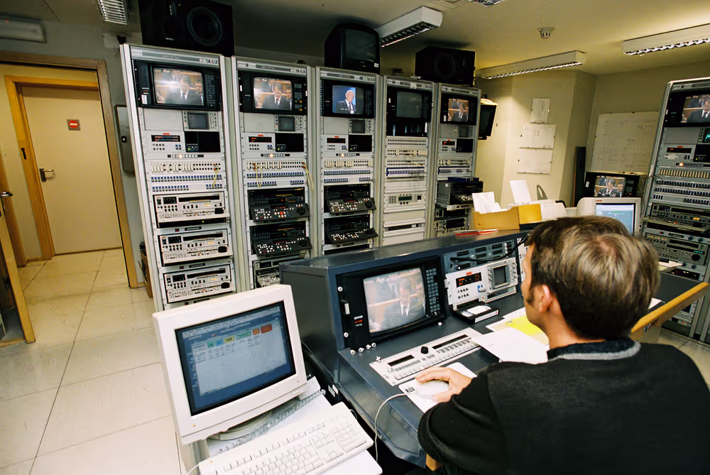 Television control room during the opening of a plenary session in Brussels