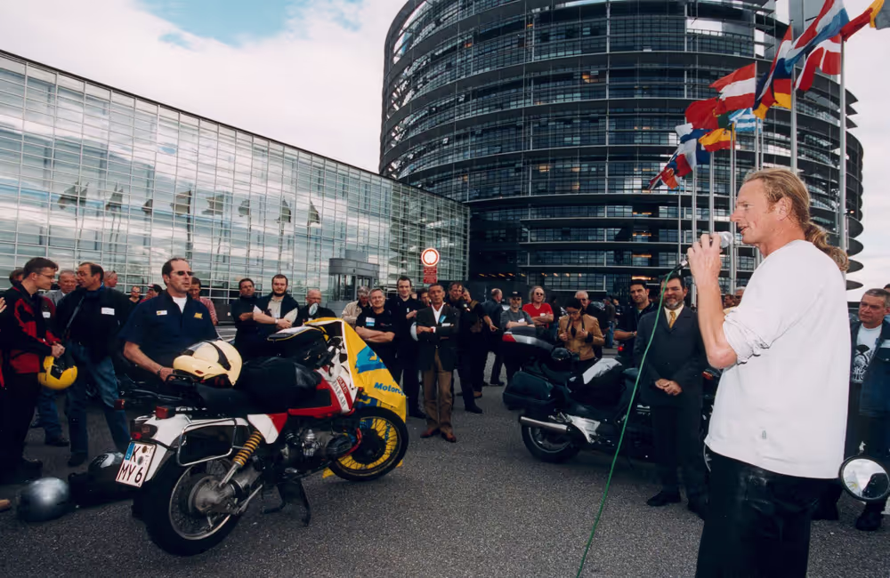 Motorbikes are parked in front of the LOW building in Strasbourg during a bikers protest