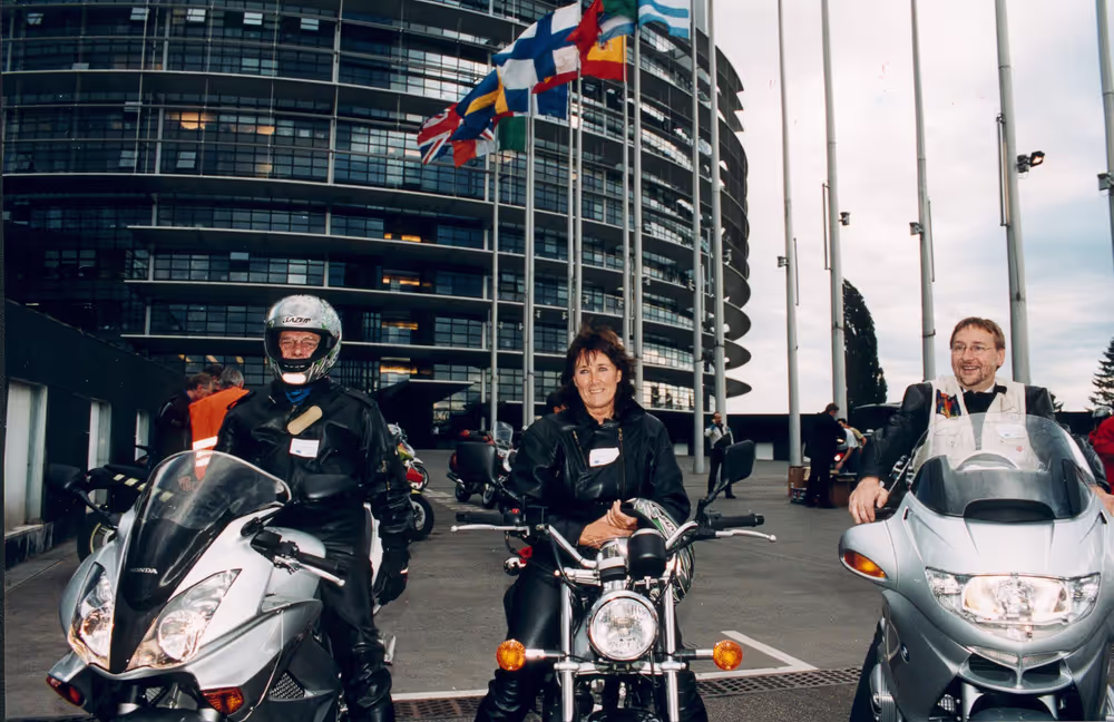 Motorbikes are parked in front of the LOW building in Strasbourg during a bikers protest