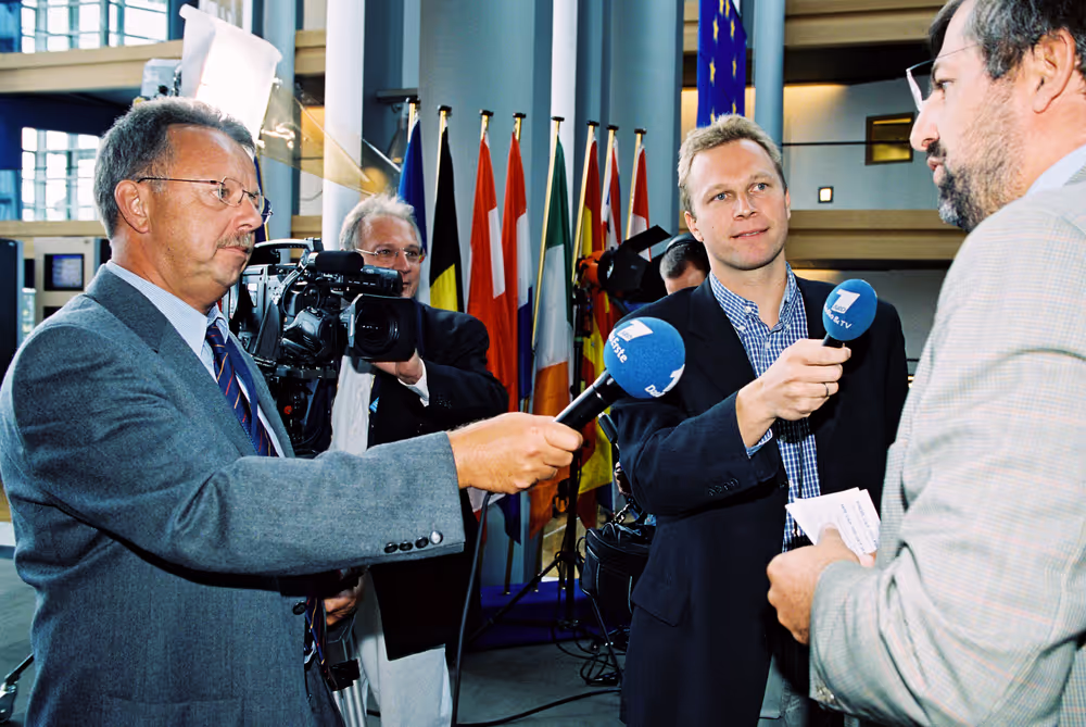 German ARD television team at work in Strasbourg