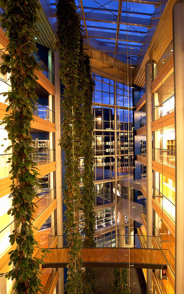 Night view inside the European Parliament building Louise Weiss in Strasbourg - LOW