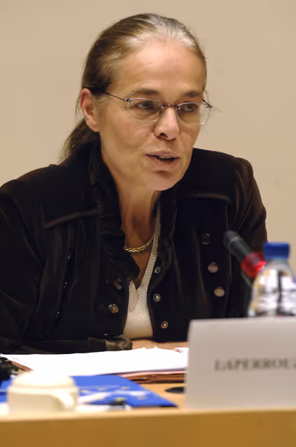 Anne LAPERROUZE in a meeting at the EP in Brussels.