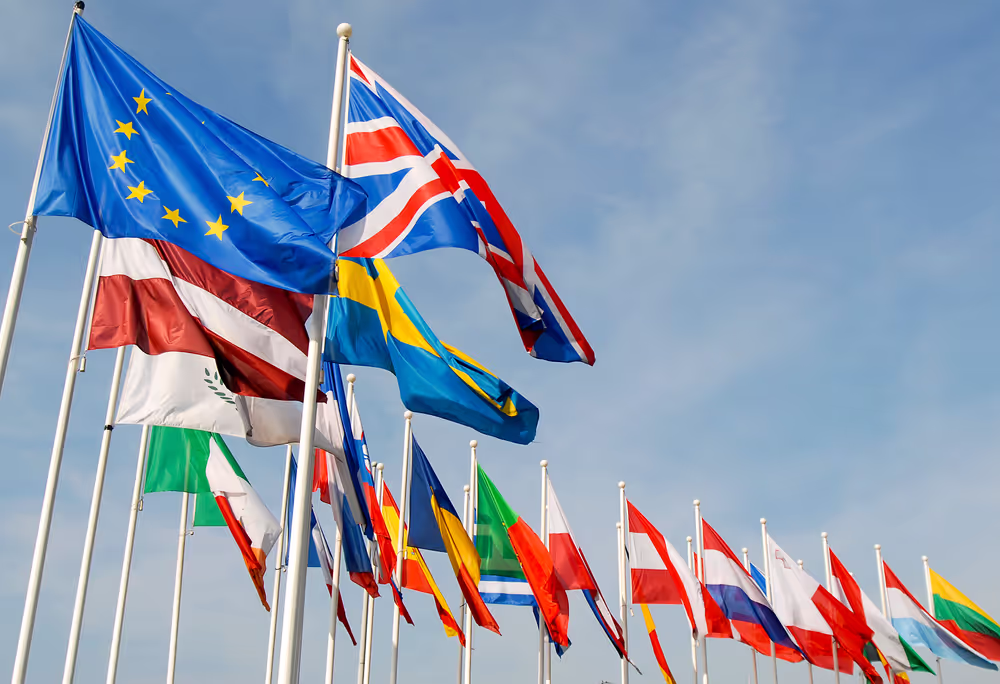 Flags of the country members of the European Union floating in the wind in 2007