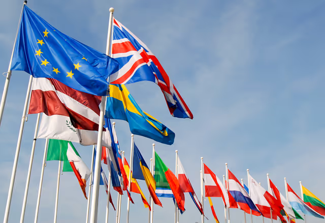 Photo 38: Flags of the country members of the European Union floating in the wind in 2007